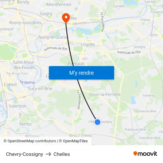 Chevry-Cossigny to Chelles map
