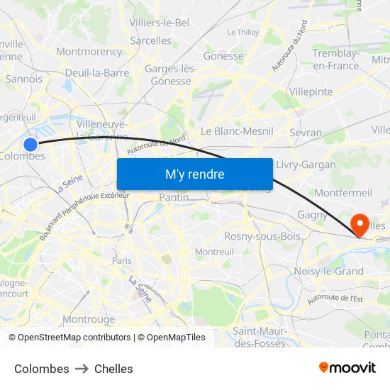 Colombes to Chelles map