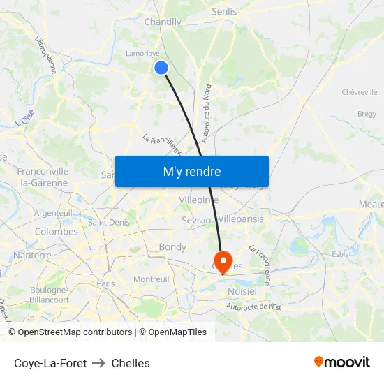 Coye-La-Foret to Chelles map