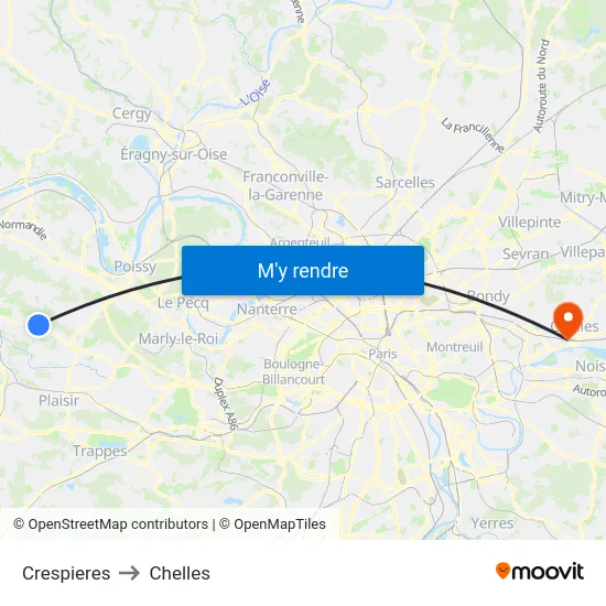 Crespieres to Chelles map