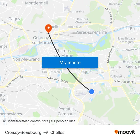 Croissy-Beaubourg to Chelles map