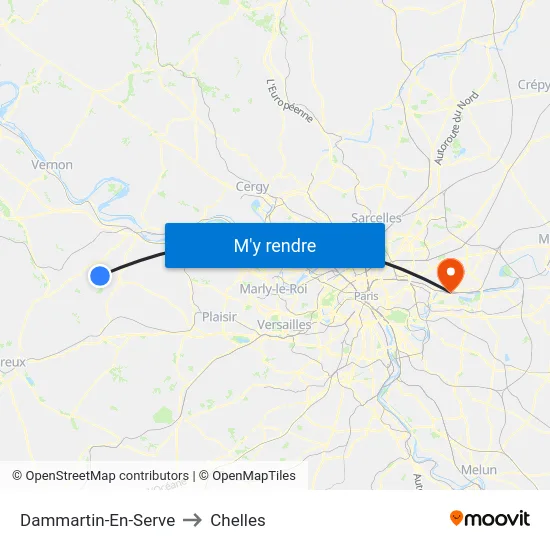 Dammartin-En-Serve to Chelles map