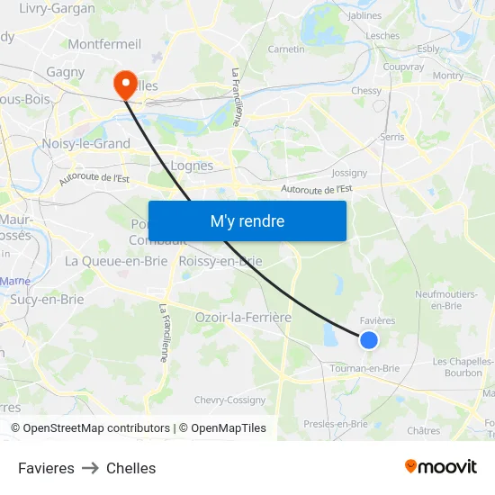 Favieres to Chelles map
