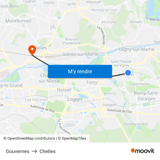 Gouvernes to Chelles map