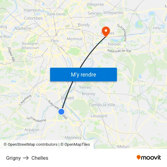 Grigny to Chelles map
