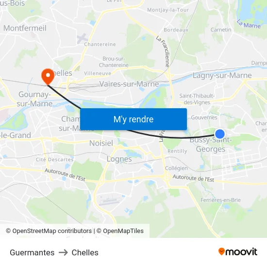 Guermantes to Chelles map