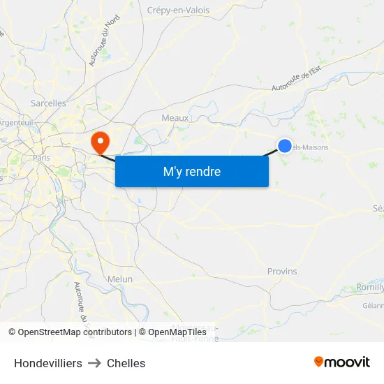 Hondevilliers to Chelles map