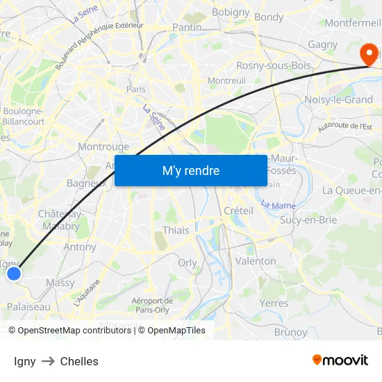 Igny to Chelles map