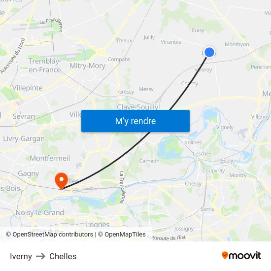 Iverny to Chelles map