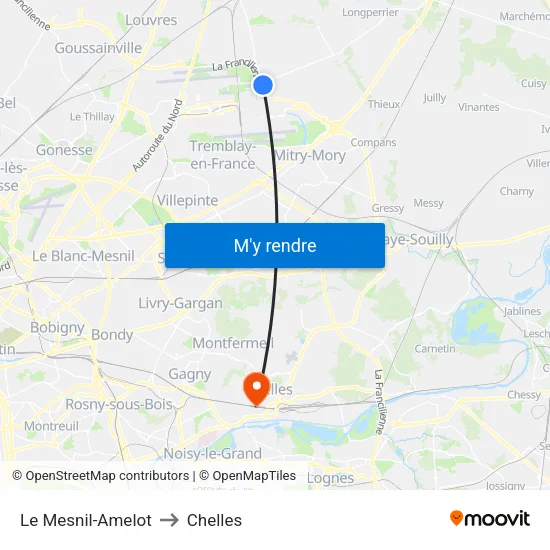 Le Mesnil-Amelot to Chelles map