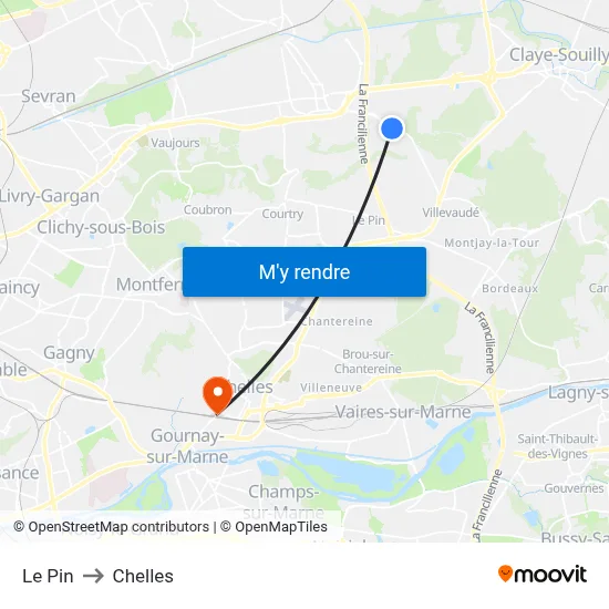 Le Pin to Chelles map