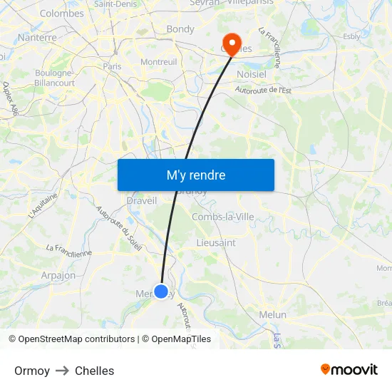 Ormoy to Chelles map