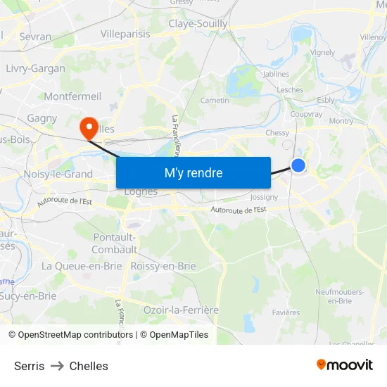 Serris to Chelles map
