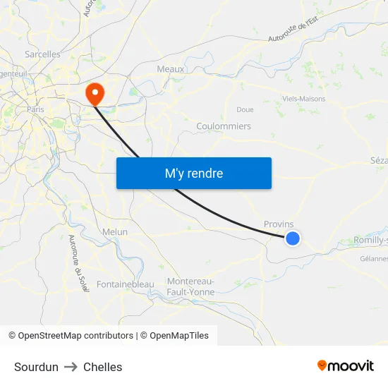 Sourdun to Chelles map