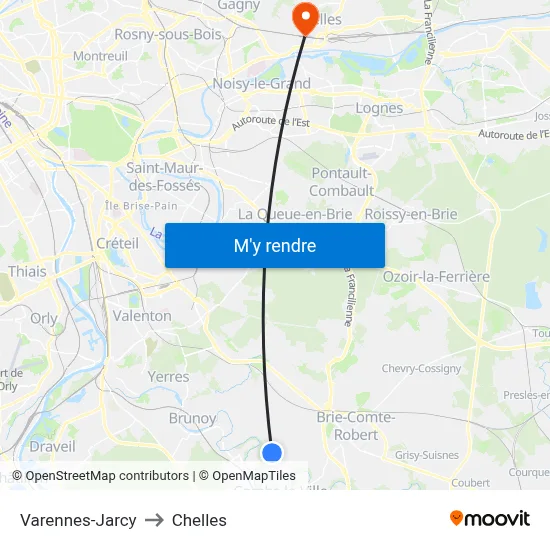 Varennes-Jarcy to Chelles map