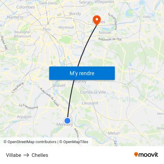 Villabe to Chelles map