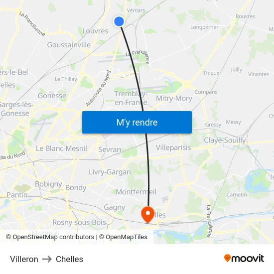 Villeron to Chelles map