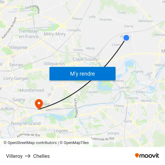 Villeroy to Chelles map