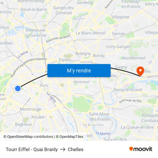 Tourr Eiffel - Quai Branly to Chelles map