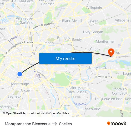 Montparnasse-Bienvenue to Chelles map