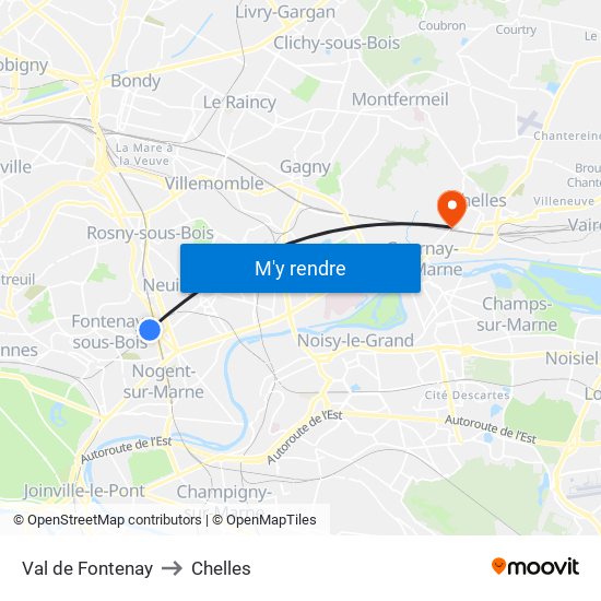 Val de Fontenay to Chelles map