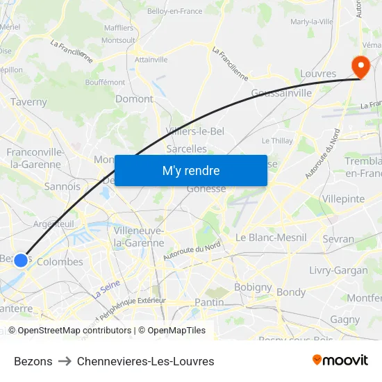 Bezons to Chennevieres-Les-Louvres map