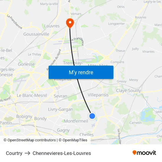 Courtry to Chennevieres-Les-Louvres map