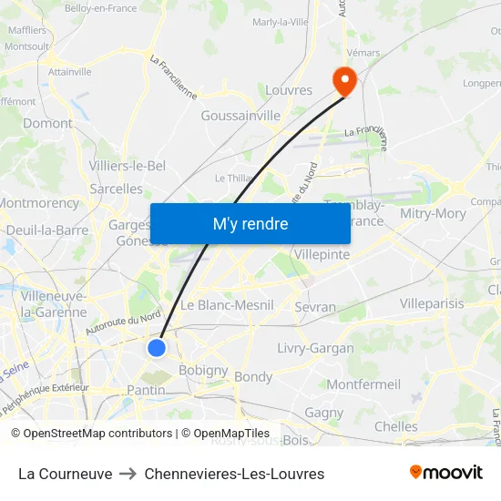 La Courneuve to Chennevieres-Les-Louvres map