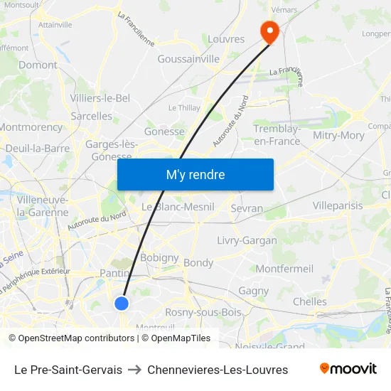Le Pre-Saint-Gervais to Chennevieres-Les-Louvres map