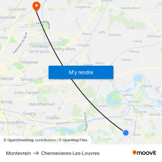 Montevrain to Chennevieres-Les-Louvres map