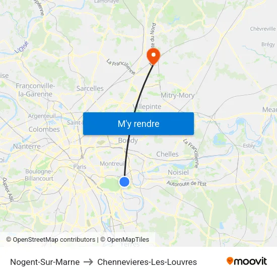 Nogent-Sur-Marne to Chennevieres-Les-Louvres map