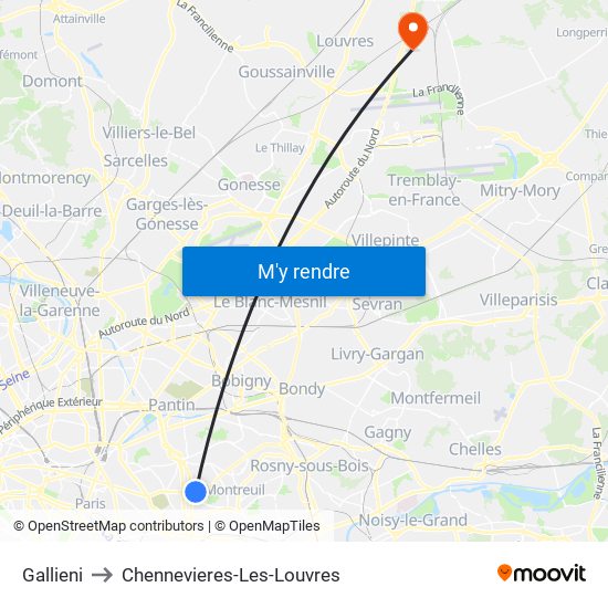 Gallieni to Chennevieres-Les-Louvres map