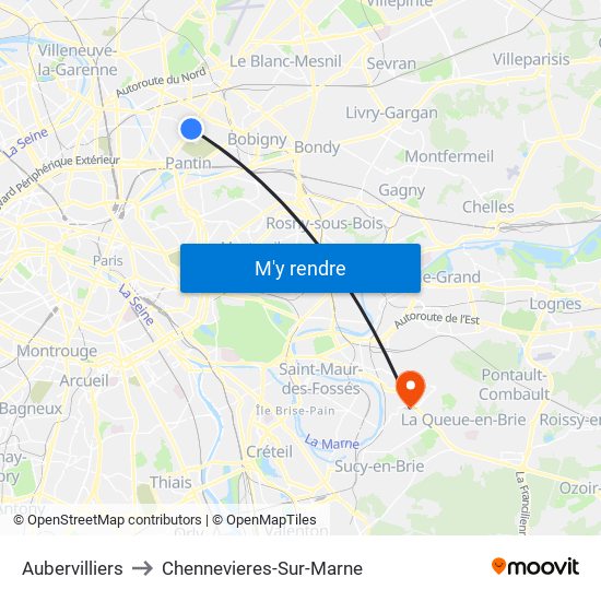 Aubervilliers to Chennevieres-Sur-Marne map