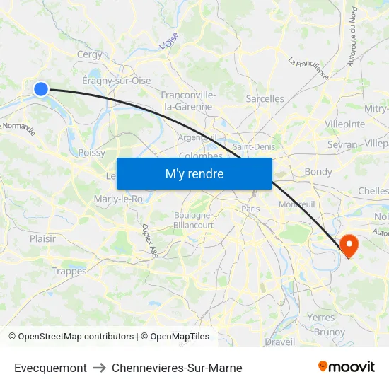 Evecquemont to Chennevieres-Sur-Marne map