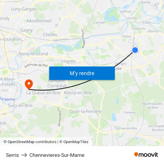 Serris to Chennevieres-Sur-Marne map