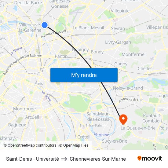 Saint-Denis - Université to Chennevieres-Sur-Marne map