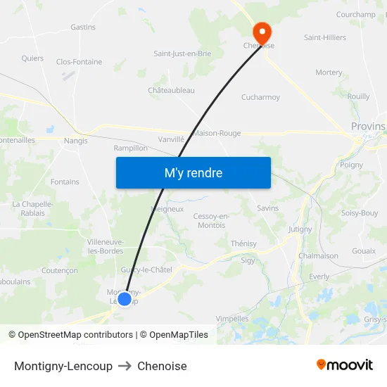 Montigny-Lencoup to Chenoise map
