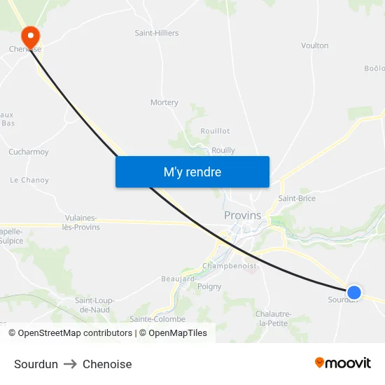 Sourdun to Chenoise map