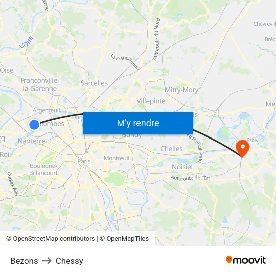 Bezons to Chessy map