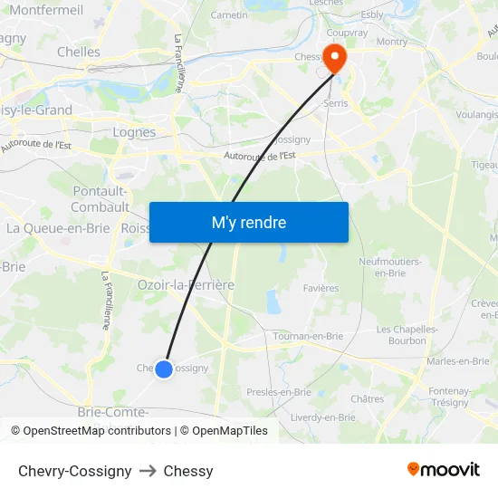 Chevry-Cossigny to Chessy map