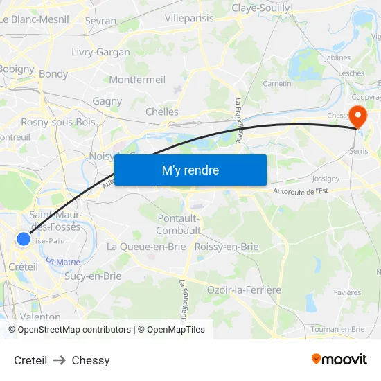 Creteil to Chessy map