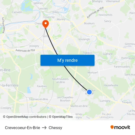 Crevecoeur-En-Brie to Chessy map