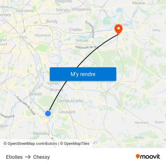 Etiolles to Chessy map