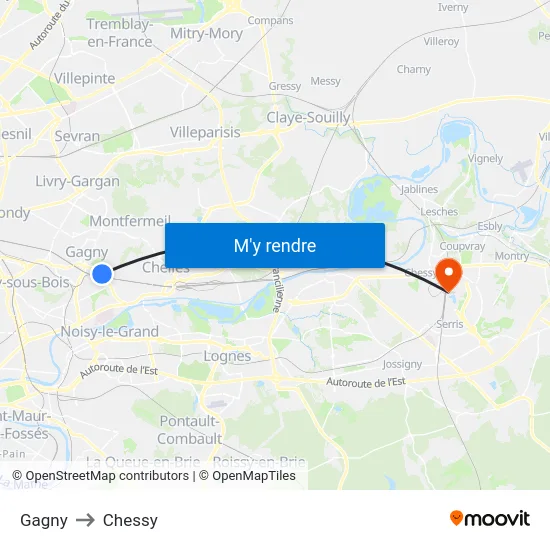 Gagny to Chessy map