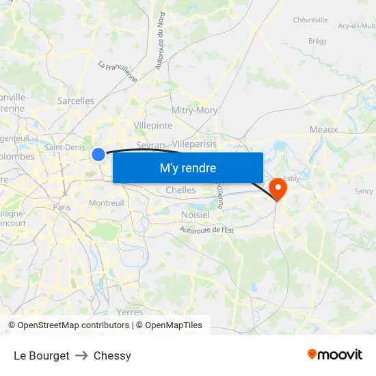 Le Bourget to Chessy map