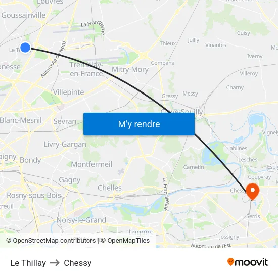 Le Thillay to Chessy map