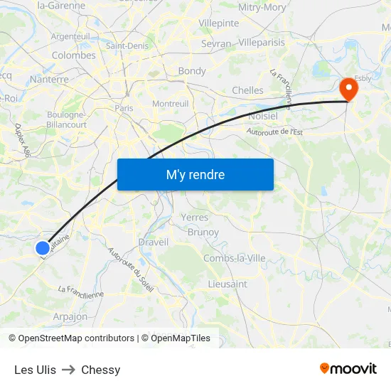 Les Ulis to Chessy map