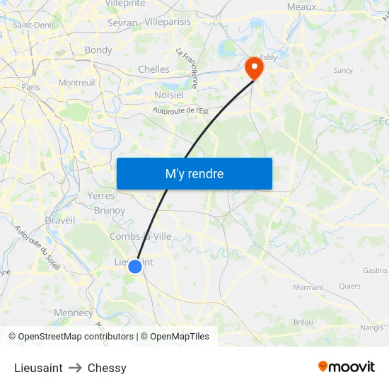 Lieusaint to Chessy map