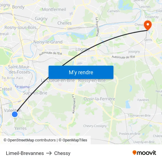 Limeil-Brevannes to Chessy map