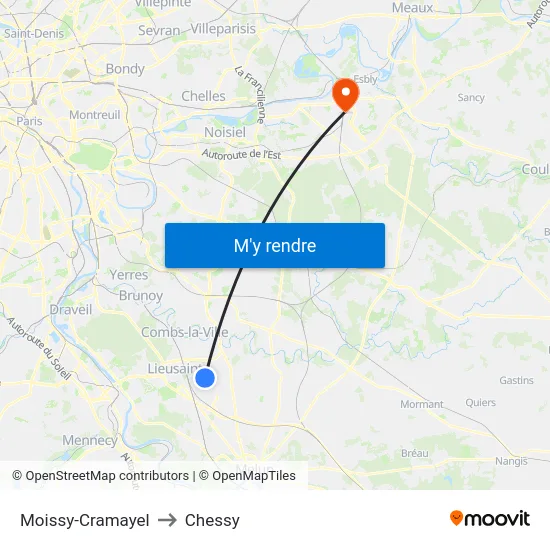 Moissy-Cramayel to Chessy map